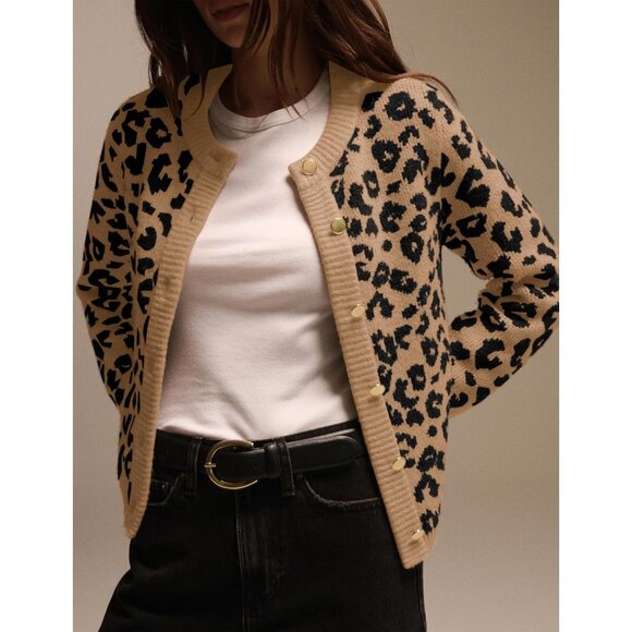 Women Cotton Blend Leopard Print Cardigan Open Front Long Sleeve Sweater - Picture 2 of 5